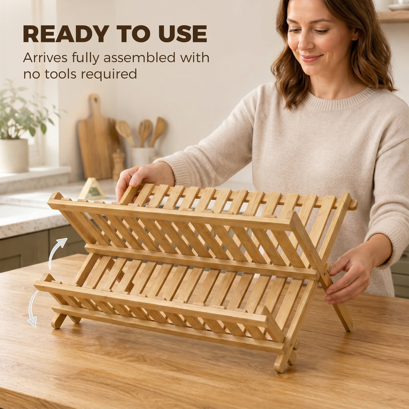 Foldable Bamboo Dish Drying Rack for Small Kitchens Two Tier Space Saving Natural Wood