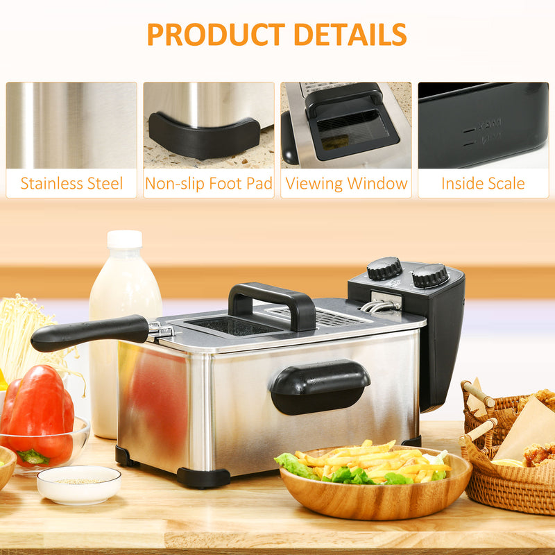 3 Litre Deep Fat Fryer with Timer Adjustable Temperature and Viewing Window Silver