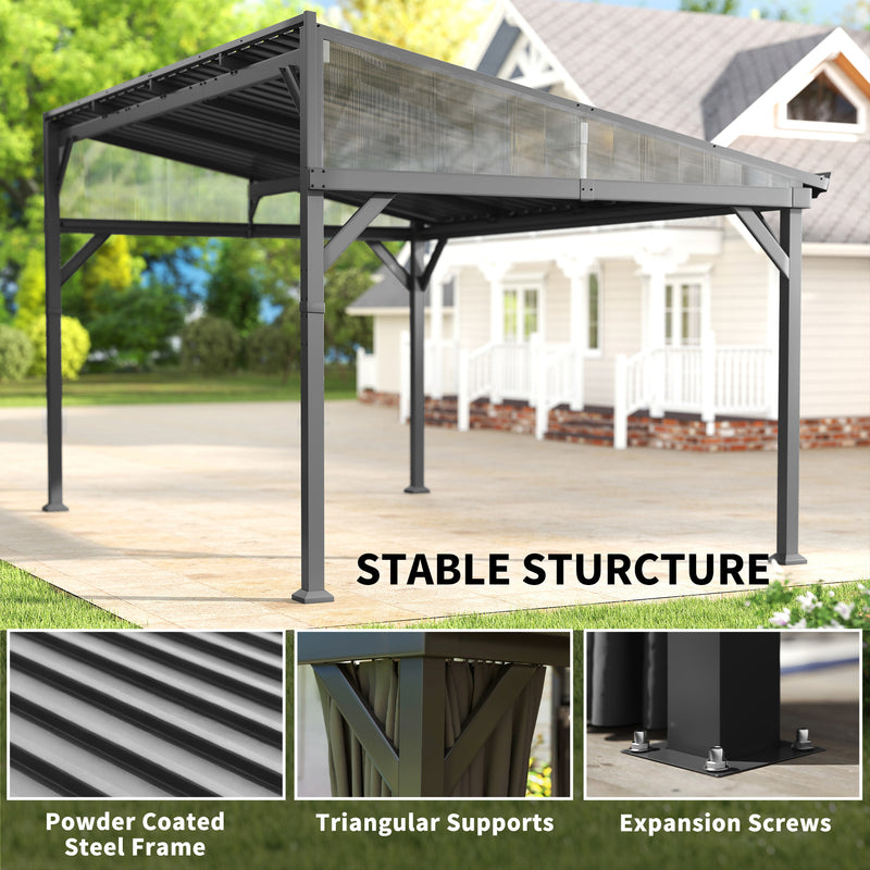 Lean To Steel Roof Garden Pergola With Netting Ideal For Patios And Outdoor Shade Dark Grey AOSOM