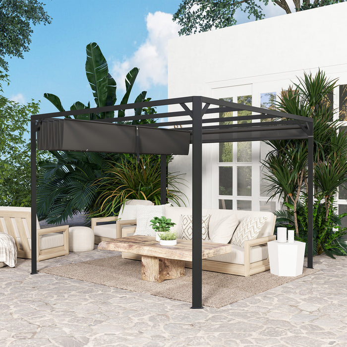 3x3m Aluminium Pergola with Retractable Roof and Wall Dark Grey by Outsunny