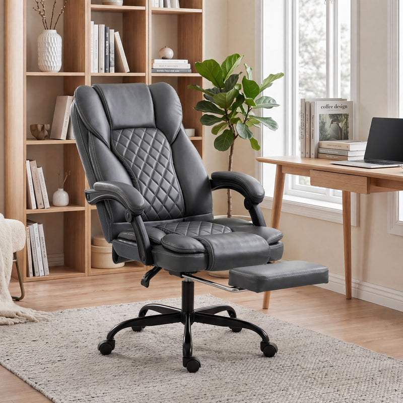 Reclining Office Chair with Adjustable Height and Footrest for Comfortable Home Working Grey Black Homcom