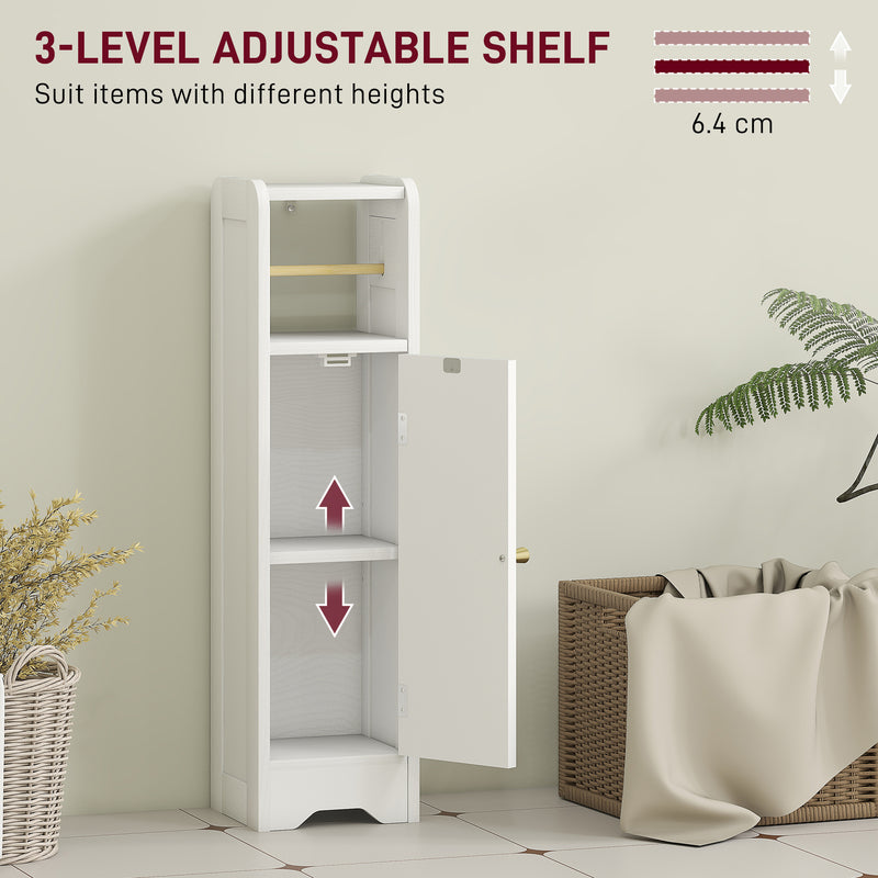 Slim Bathroom Storage Cabinet with Toilet Roll Holder and Shelves for Tight Spaces, White