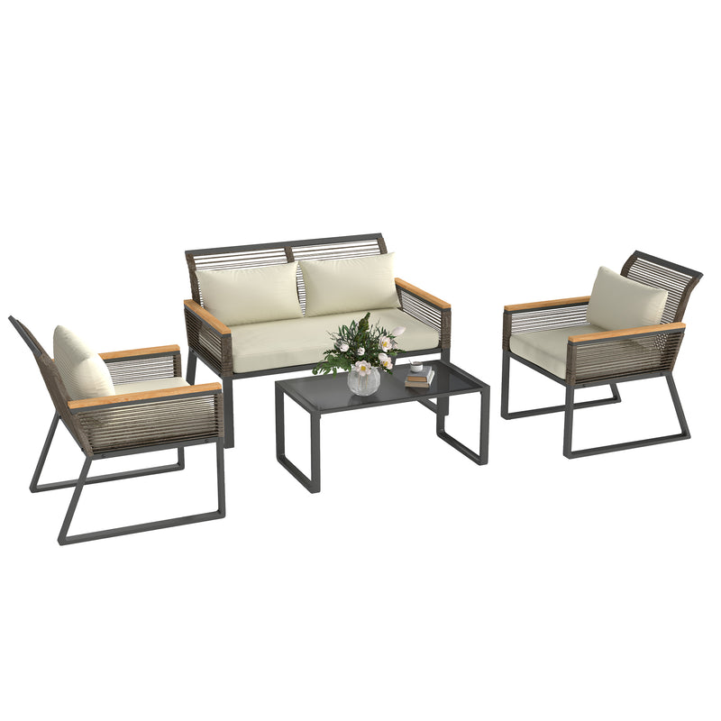 Grey 4 Seater Wicker Rope Garden Furniture Set with Glass Coffee Table by Outsunny