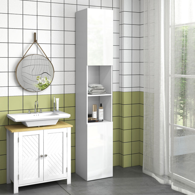 Tall Slim White High Gloss Bathroom Cabinet with Multi Storage by Kleankin