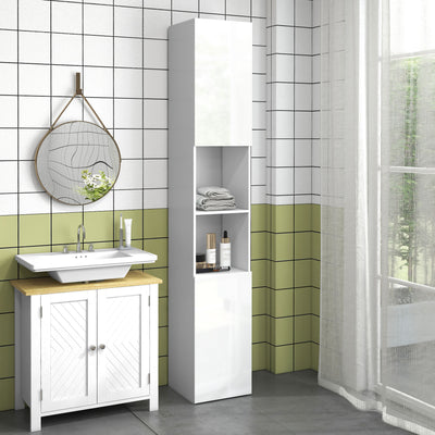 Tall Slim White High Gloss Bathroom Cabinet with Multi Storage by Kleankin