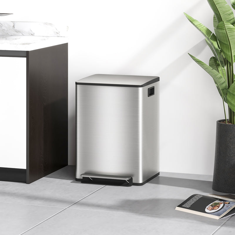 Kitchen Pedal Bin with Dual 20L Compartments for Easy Rubbish and Recycling Silver Tone AOSOM