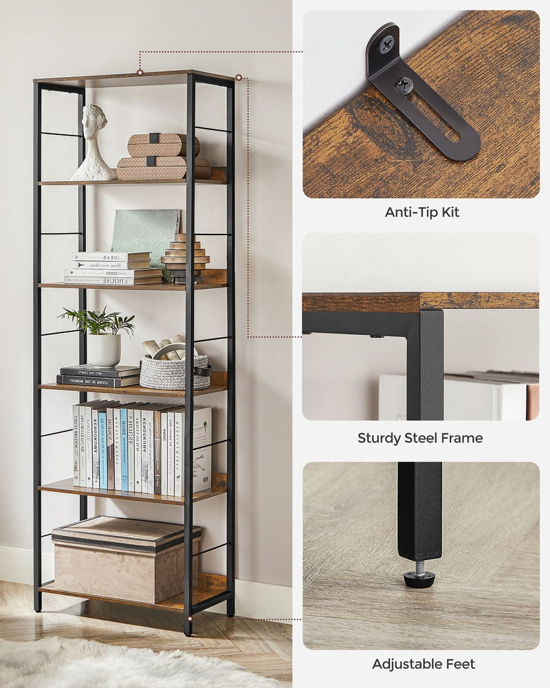 Industrial 6 Shelf Open Bookcase by Vasagle
