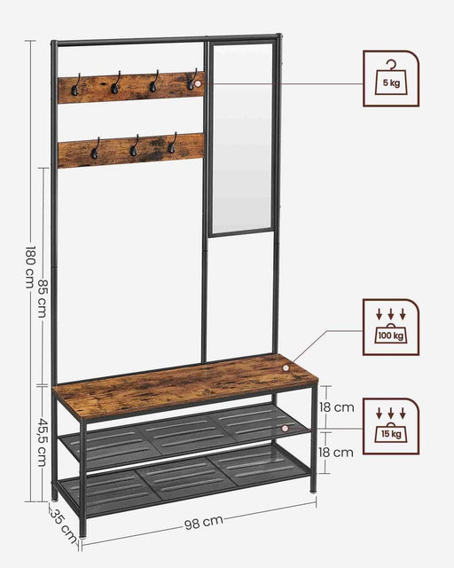 Industrial Hall Tree with Bench, Shelves, and Mirror Rustic & Practical Entryway Storage by Vasagle