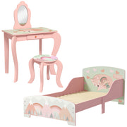 Kids Toddler Bed Frame and Dressing Table Set with Mirror and Stool for Ages 3 to 6 Pink AOSOM