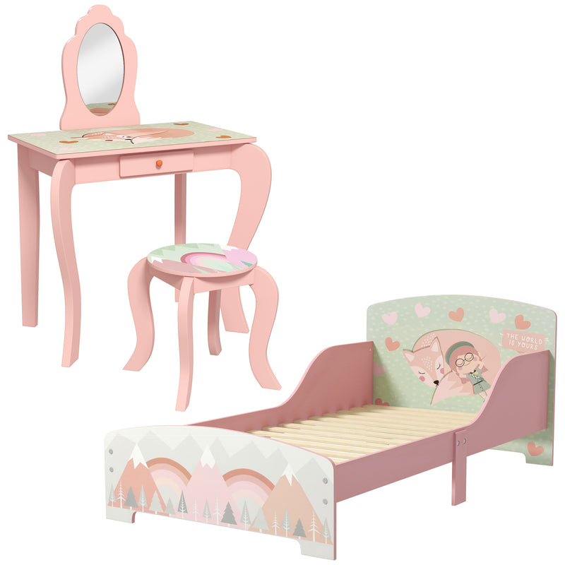 Kids Toddler Bed Frame and Dressing Table Set with Mirror and Stool for Ages 3 to 6 Pink AOSOM