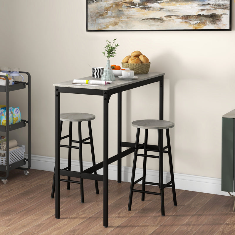 3 Piece Bar Table and Stool Set with Footrests for Kitchen or Dining Room Grey
