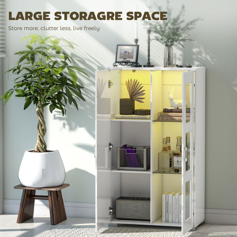 Modern High Gloss Sideboard with LED Lights and Glass Shelves for Living Room Storage, White