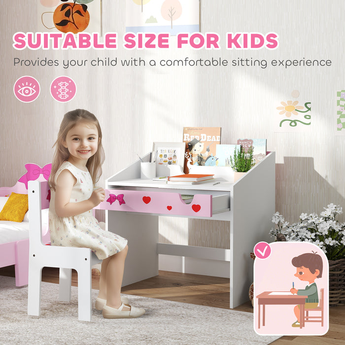 Pink Kids Study Table and Chair Set With Storage and Pull-Out Drawer for Ages 3-6 by AIYAPLAY