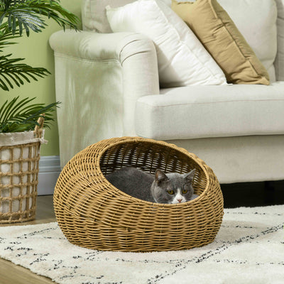 Wicker Cat House with Soft Washable Cushion Ideal for Indoor Use, Light Brown AOSOM