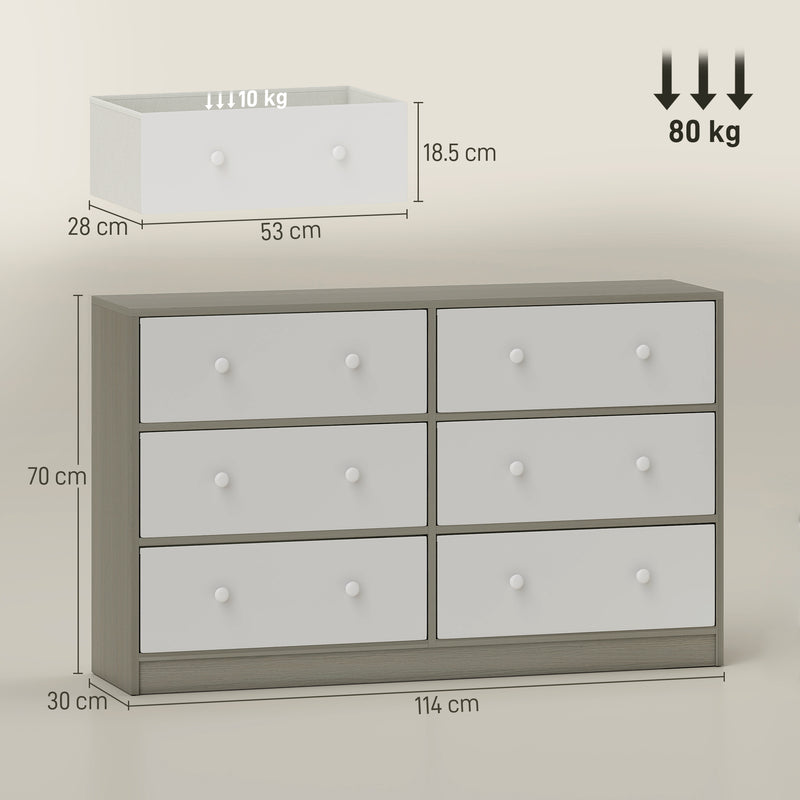 Fabric Chest of Drawers with 6 Spacious Storage Drawers Ideal for Bedroom or Nursery White Grey