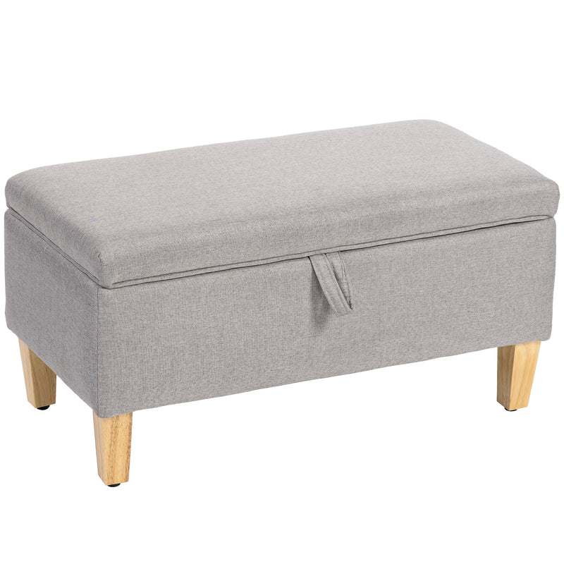 Light Grey 30L Linen Storage Ottoman with Padded Seat and Wooden Legs for Bedroom or Hallway - 71x37x36cm