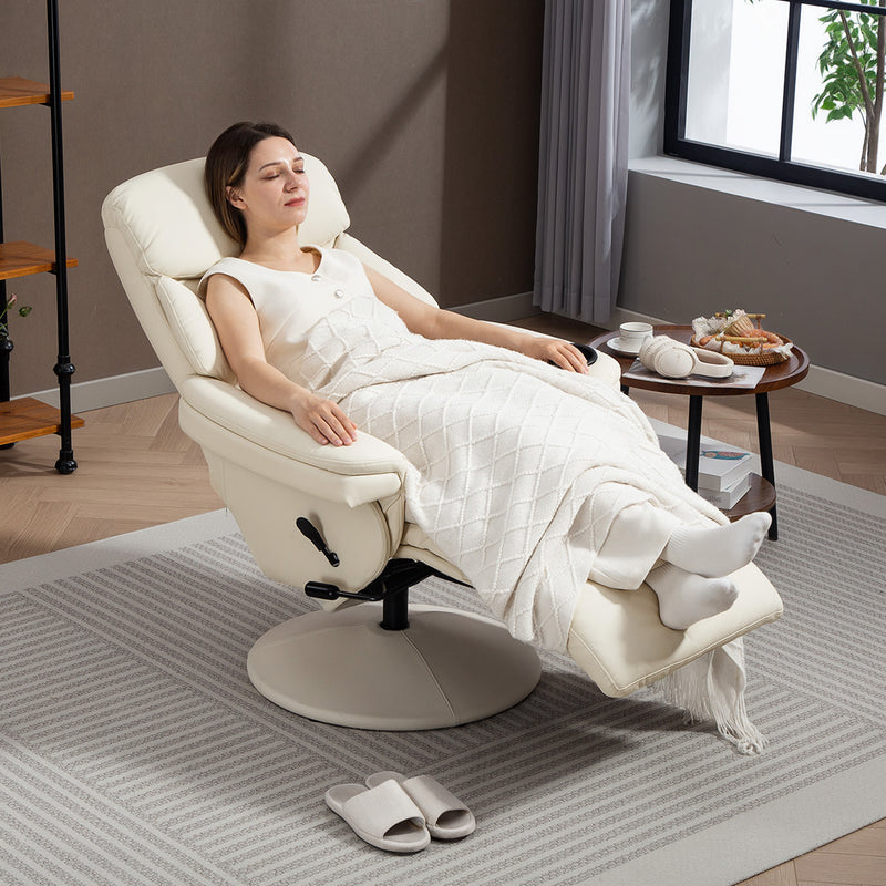Manual Recliner Armchair with Footrest Swivel Base and Cup Holder for Living Room Cream White