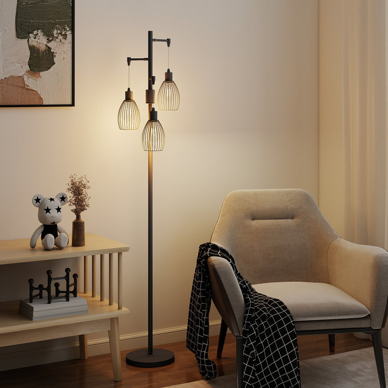 Industrial 3 Light LED Floor Lamp Dimmable Steel Cage Design For Living Room, Black