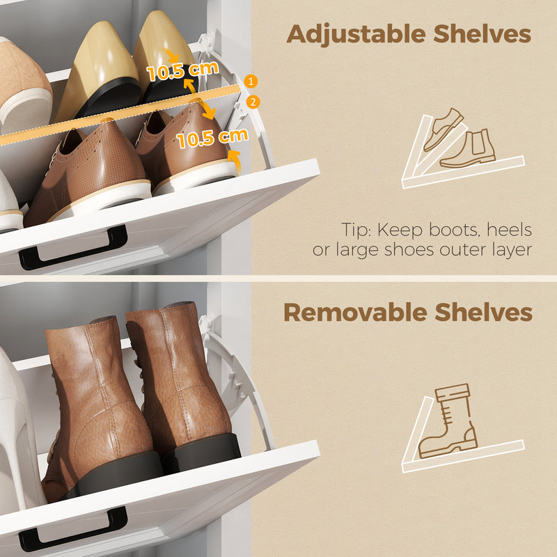 Slim Shoe Storage Cabinet for Narrow Hallways with Flip Drawers and Top Organiser White Homcom