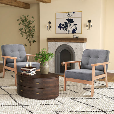 Set of 2 Linen Fabric Armchairs with Beech Wood Frame for Living Room or Bedroom Grey Natural