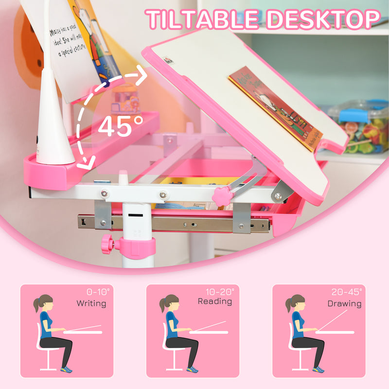 Adjustable Kids Study Desk and Chair Set with Storage and Drawer for Homework, Pink