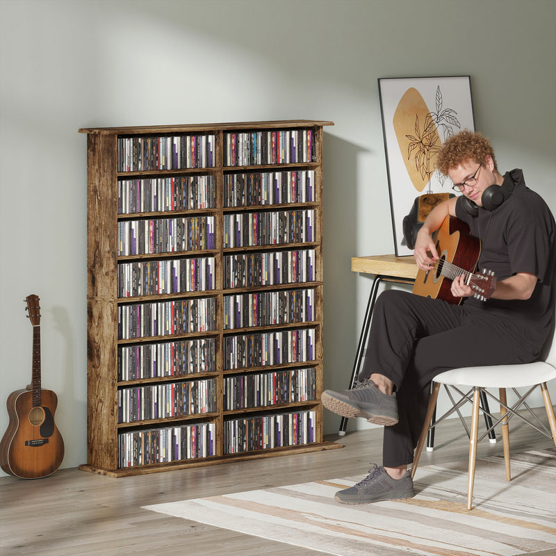 16 Compartment Wooden Media Storage Shelf For CDs, DVDs, And Books, Rustic Brown