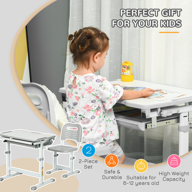 Adjustable Kids Study Desk and Chair Set with Storage Drawer and Hook, Grey