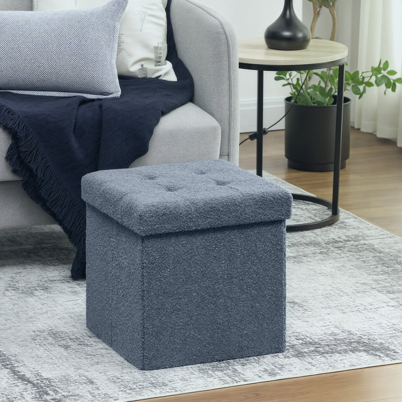 Foldable Storage Ottoman with Sherpa Fleece Top Ideal for Living Room Organisation Blue