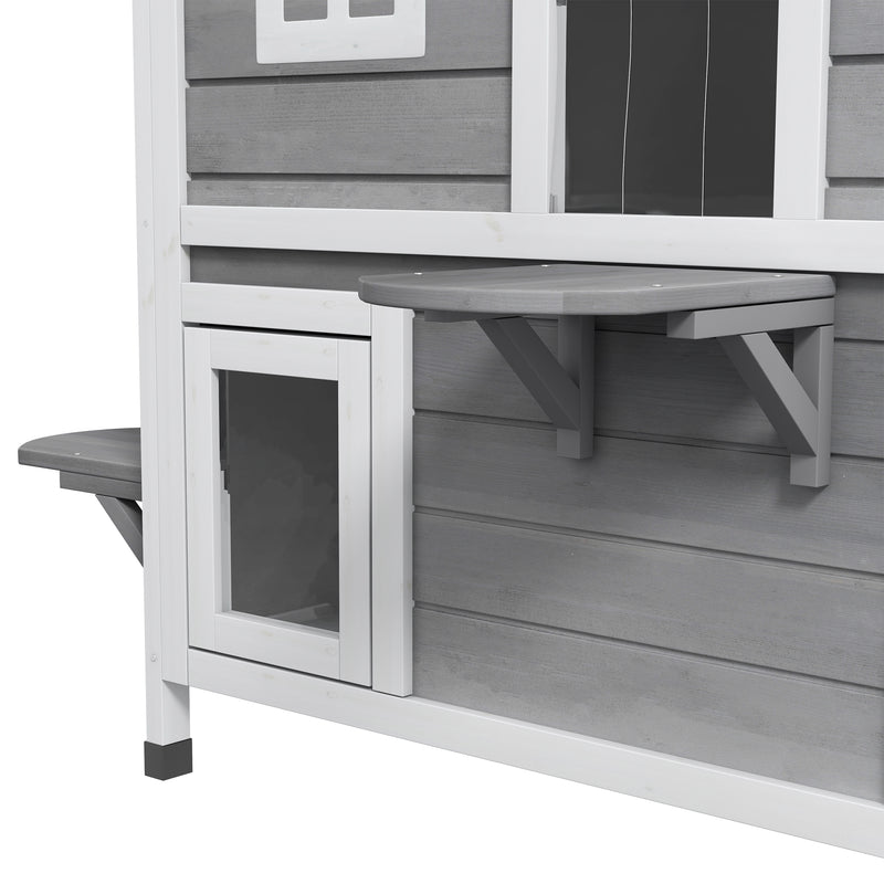 2 Storey Wooden Outdoor Cat House With Escape Door And Roof Access, Grey