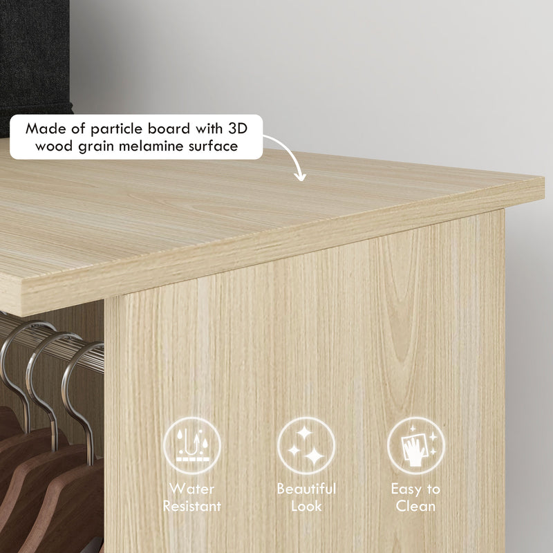 Open Wardrobe with Rails and Shelves for Easy Bedroom Storage on Wheels Natural Wood Finish