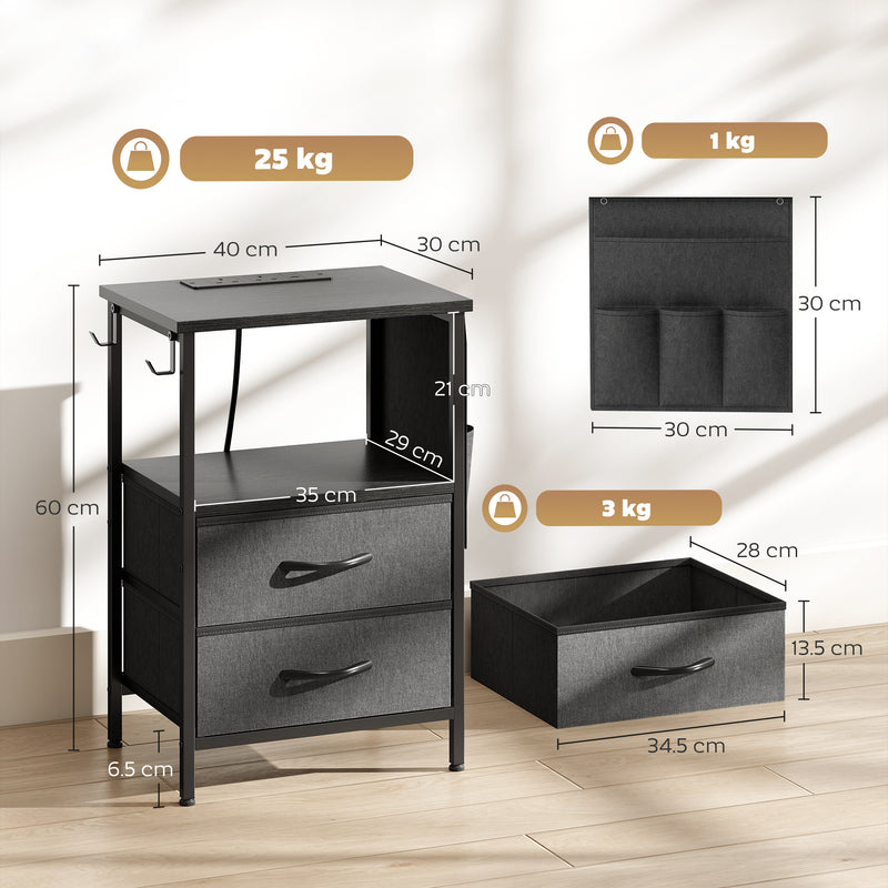 Bedside Table with USB Charging Station 2 Drawers & Storage Shelf for Bedroom or Living Room, Black