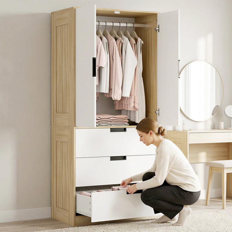 Double Wardrobe with Drawers for Small Bedrooms Slim Storage Oak and White