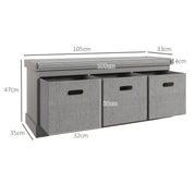 Three Drawer Shoe Storage Bench With Padded Seat Ideal For Hallway or Entryway Grey