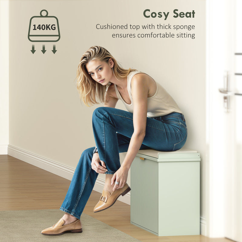 Green Upholstered Shoe Storage Bench with Padded Seat for Hallway or Bedroom