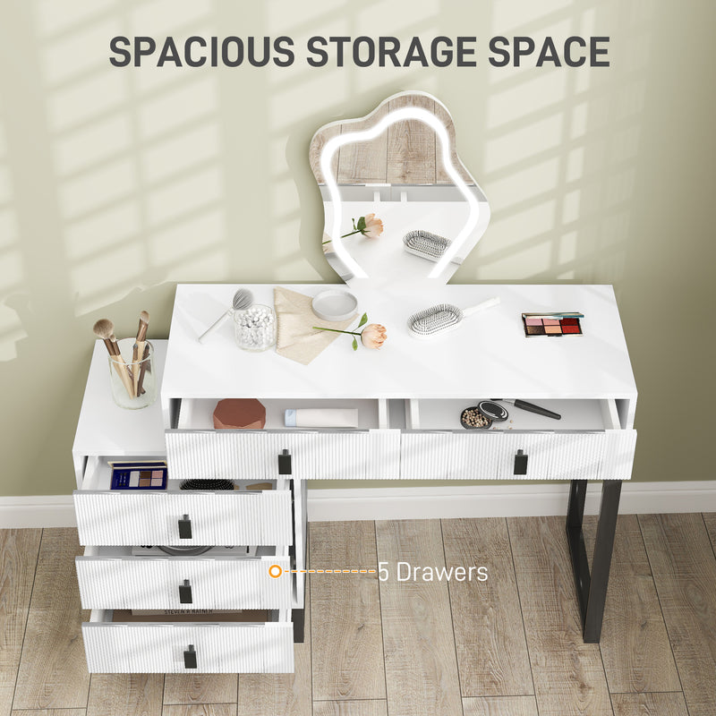 White LED Lighted Dressing Table with Mirror and 5 Drawers Modern Vanity Desk by HOMCOM