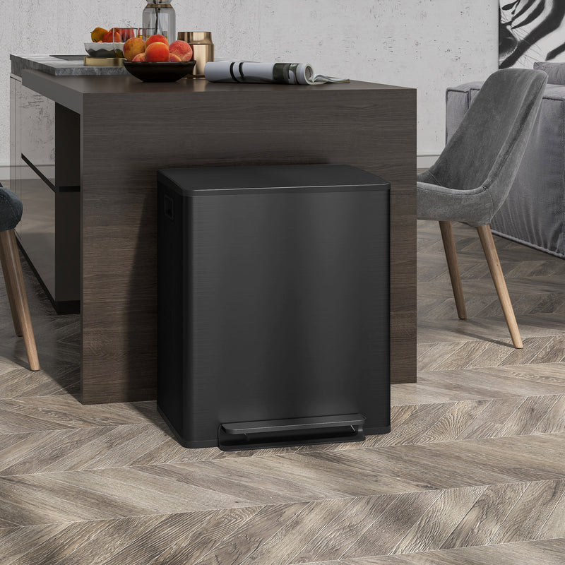 Black 50L Dual Compartment Indoor Kitchen Recycling Bin with Deodorisers - Stainless Steel