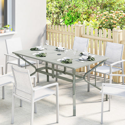 Garden Dining Table for 6 with Parasol Hole and Slatted Top Galvanised Steel Light Grey Outsunny