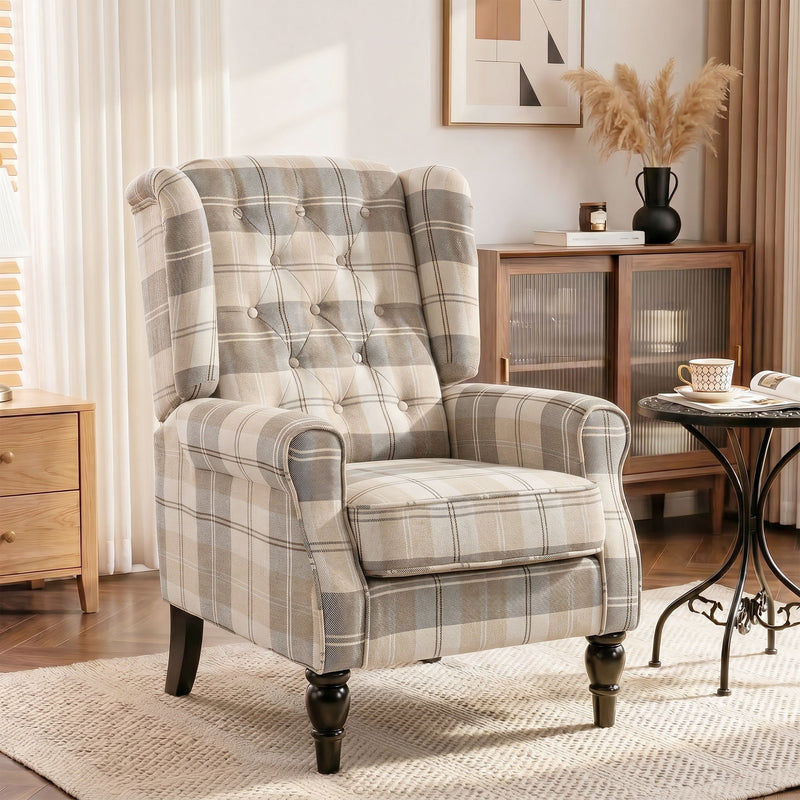 Accent Chair with High Back and Deep Padding for Relaxing in Living Room or Bedroom Khaki Plaid