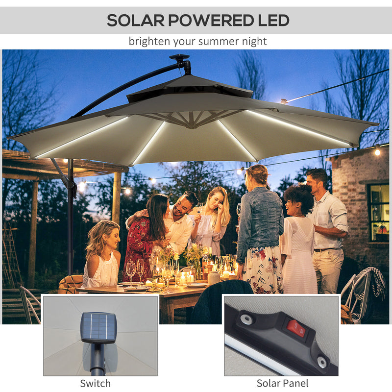 Light Grey 3m Cantilever Garden Parasol With Solar LED Lights And Double Roof Shade