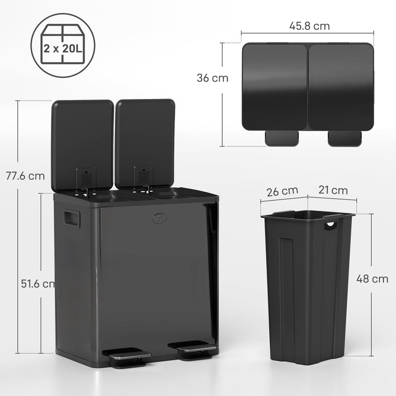 40L Double Compartment Indoor Recycling Bin with Deodorisers in Stainless Steel Glossy Black Finish
