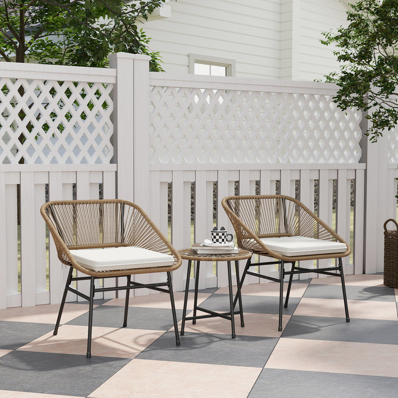 3 Piece Rattan Bistro Set with Cushions and Glass Top Table for Garden and Patio by Outsunny