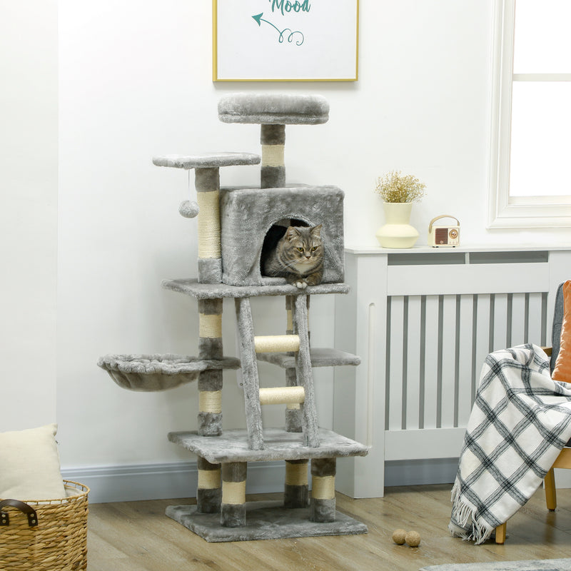 132cm Cat Tree Tower with Scratching Post Hammock and Toys for Indoor Cats Grey