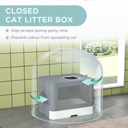 Enclosed Hooded Cat Litter Box with Drawer Scoop and Top Exit Design for Easy Cleaning, Grey