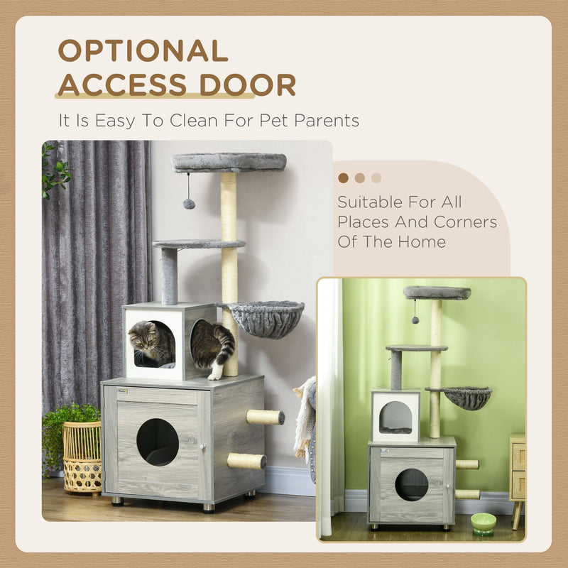 Enclosed Cat Litter Box with Bed and Scratching Posts for Indoor Cats, Grey