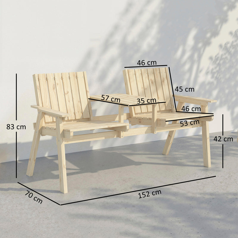 Wooden Garden Bench for Two with Middle Table and Parasol Hole Natural Finish Outsunny