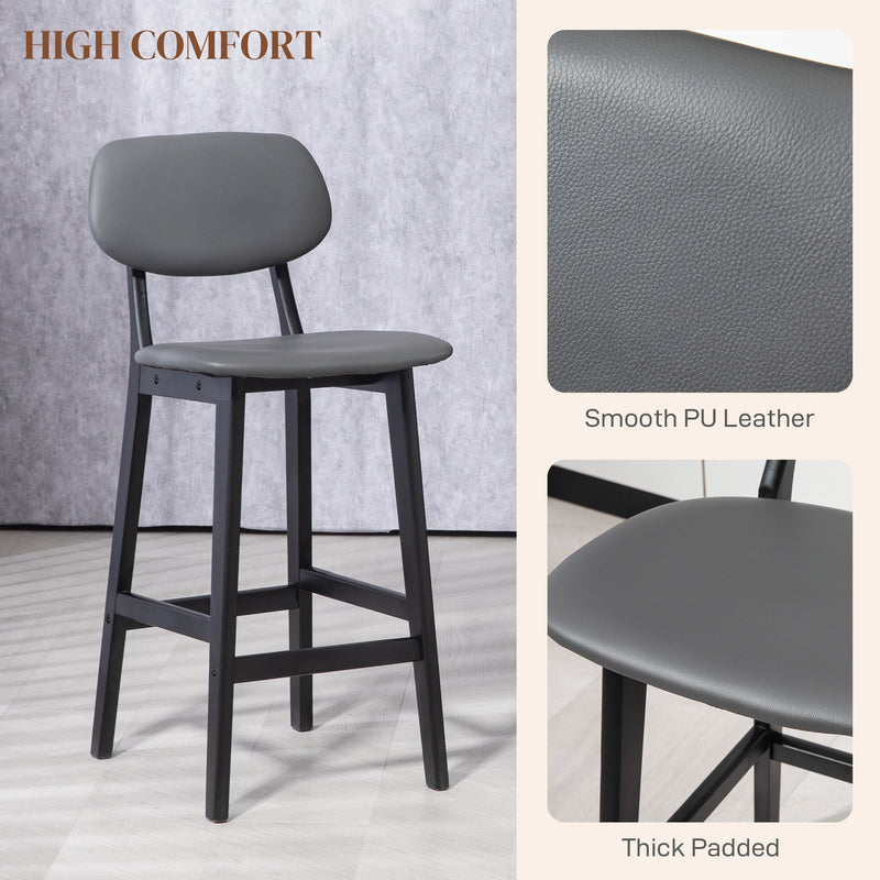 Set of 2 Faux Leather Bar Stools with Backs Solid Wood Legs for Kitchen Dark Grey