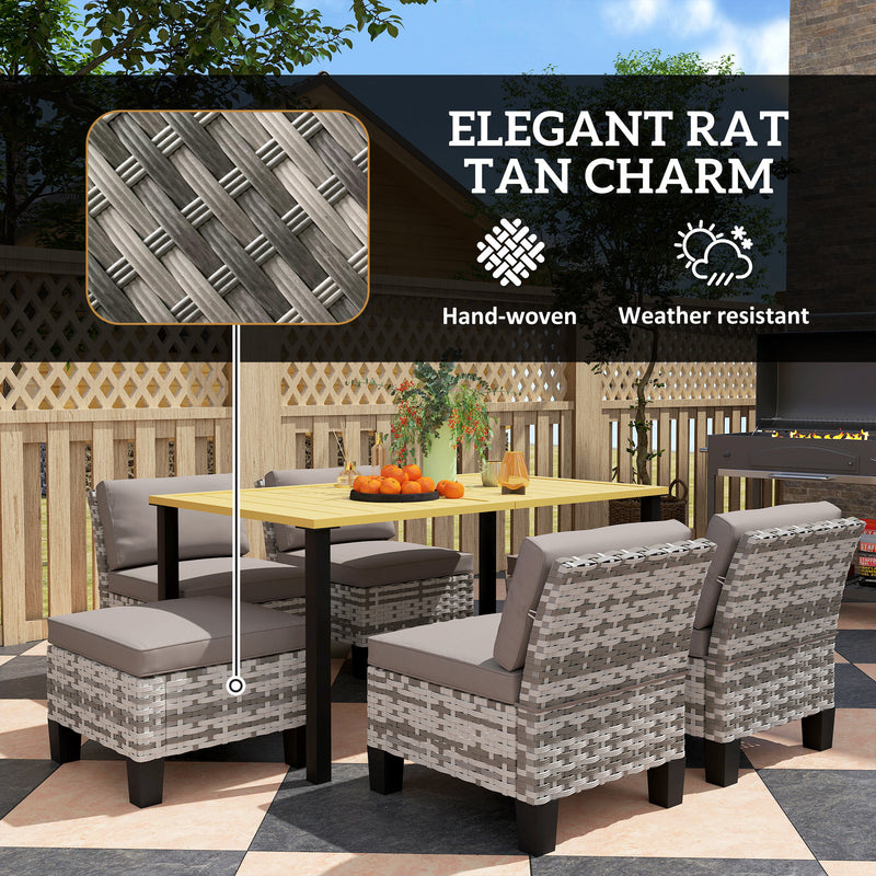 Grey 6 Seater Rattan Patio Dining Set with Cushions and Slatted Table by Outsunny