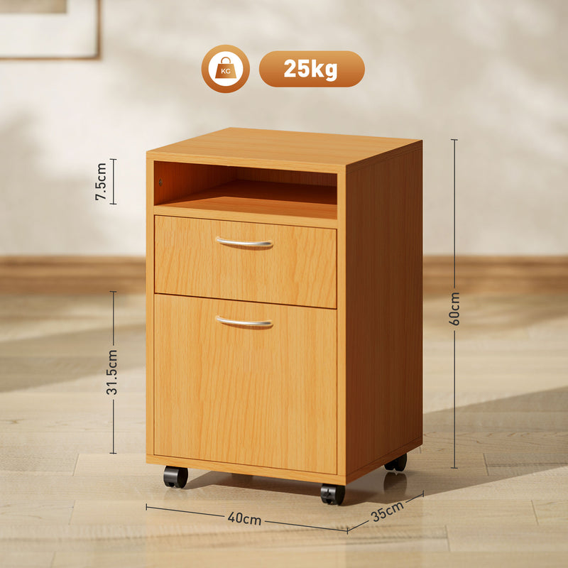 60cm Filing Cabinet with Drawer Open Shelf and Wheels Natural Wood Finish by HOMCOM
