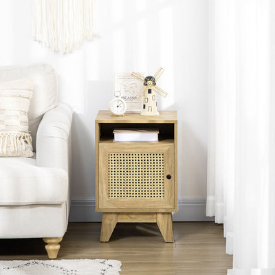 2 Piece Rattan Bedside Tables With Shelf and Cupboard for Bedroom Storage Natural