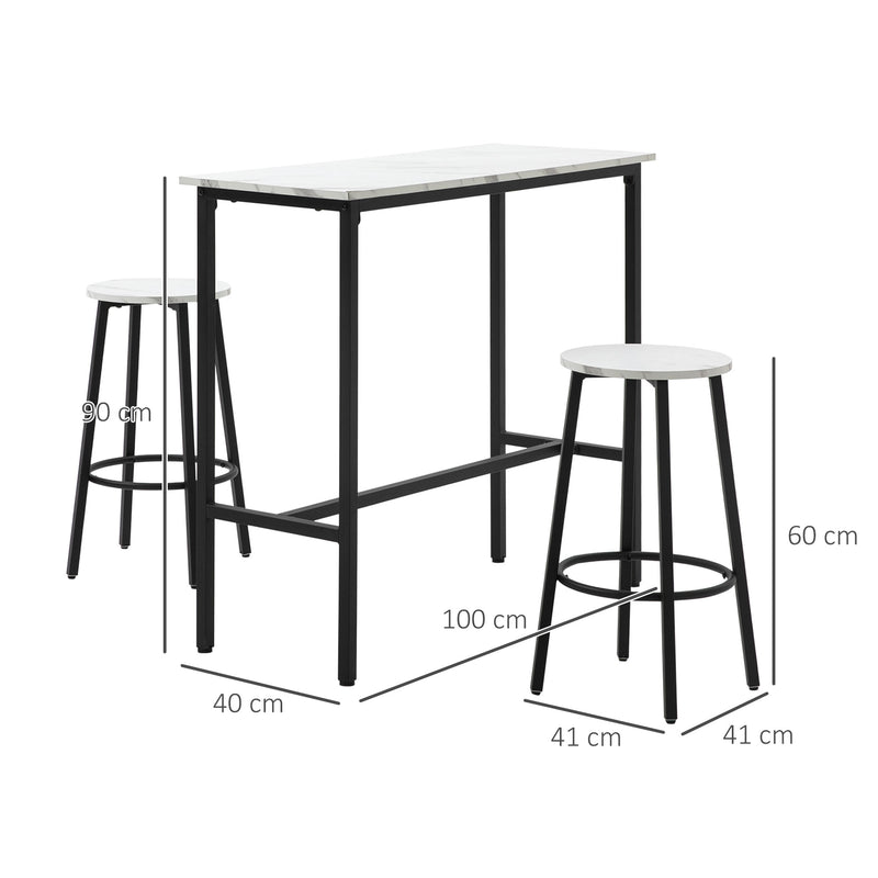 Three Piece Marble Effect Bar Table Set with Stools White and Black by HOMCOM